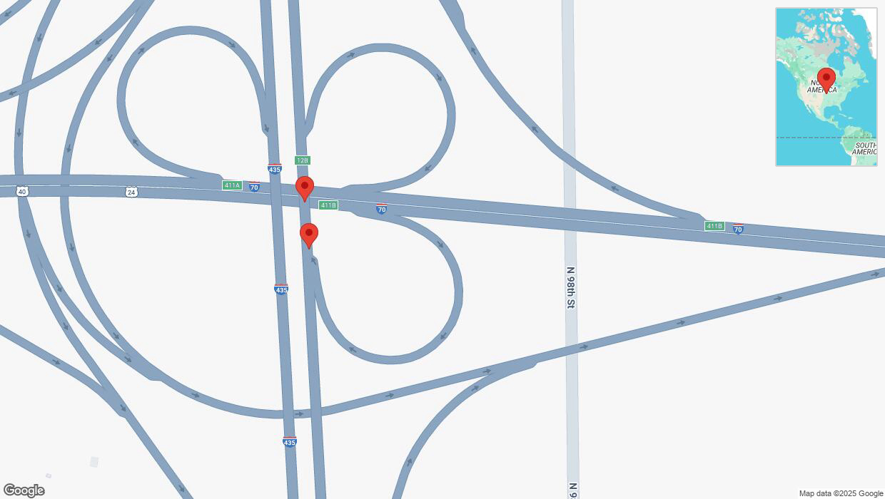 A detailed map that shows the affected road due to 'Broken down vehicle on northbound I-435 in Edwardsville' on February 18th at 8:02 p.m.