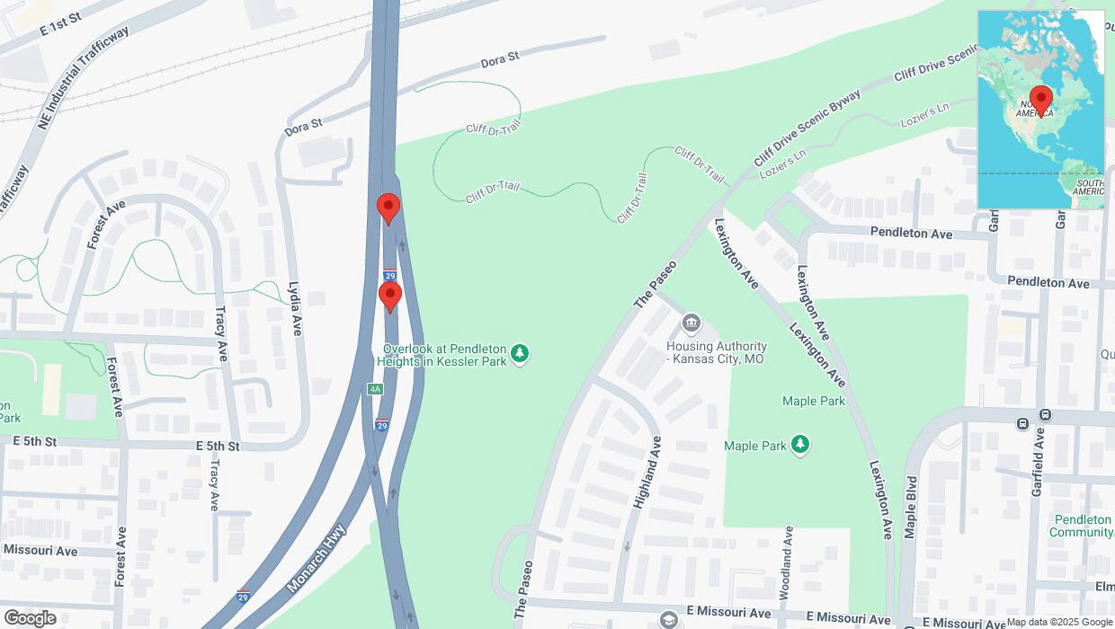 A detailed map that shows the affected road due to 'Warning in Kansas City: Crash reported on northbound I-35' on February 18th at 6:39 p.m.