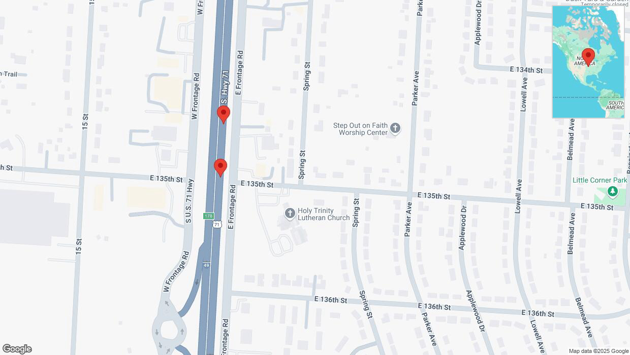 A detailed map that shows the affected road due to 'Broken down vehicle on northbound I-40/US-71 in Grandview' on February 18th at 6:39 p.m.
