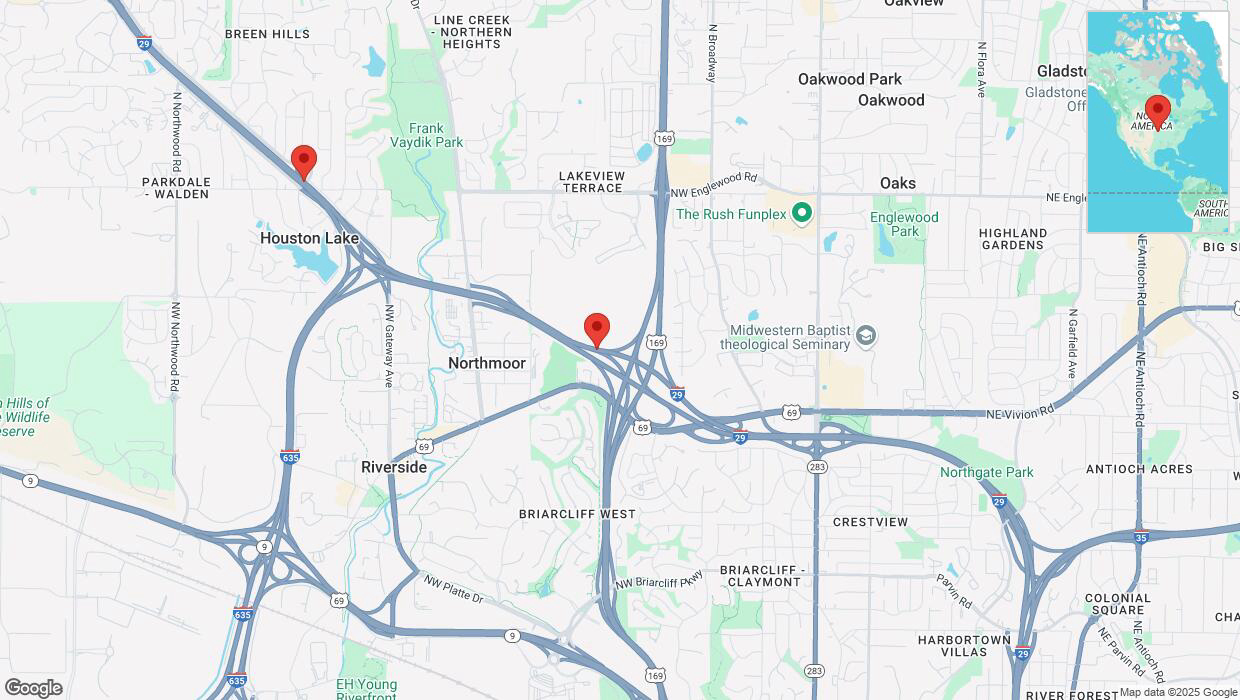 A detailed map that shows the affected road due to 'Heavy snowfall on northbound I-29 in Kansas City' on February 18th at 6:39 p.m.