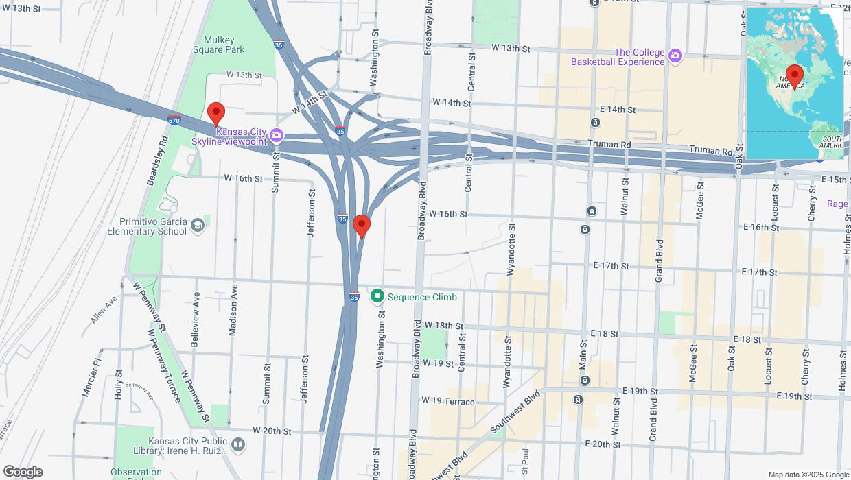 A detailed map that shows the affected road due to 'Heavy snowfall on Washington Street in Kansas City' on February 18th at 6:39 p.m.