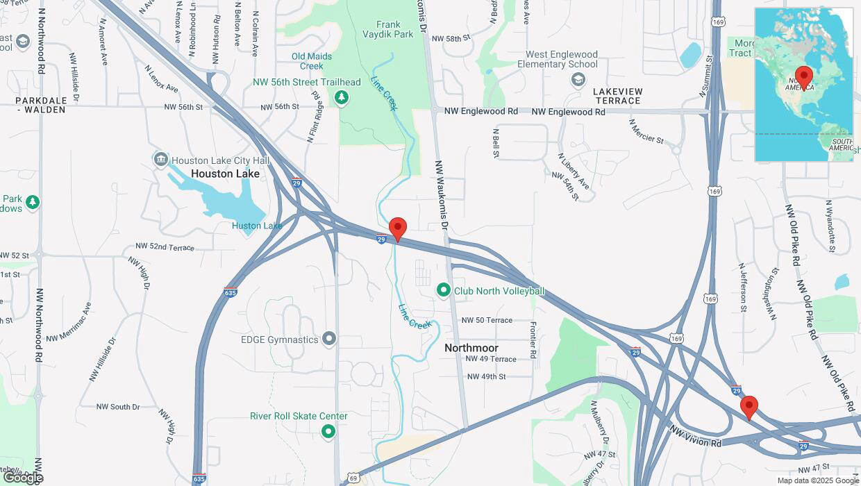 A detailed map that shows the affected road due to 'Heavy snowfall on southbound I-29 in Kansas City' on February 18th at 6:39 p.m.