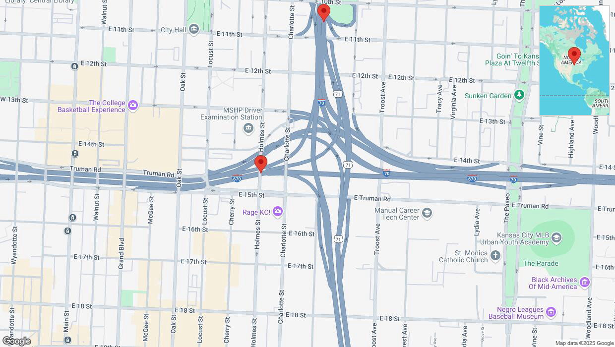 A detailed map that shows the affected road due to 'Heavy snowfall on northbound US-71 North in Kansas City' on February 18th at 6:45 p.m.