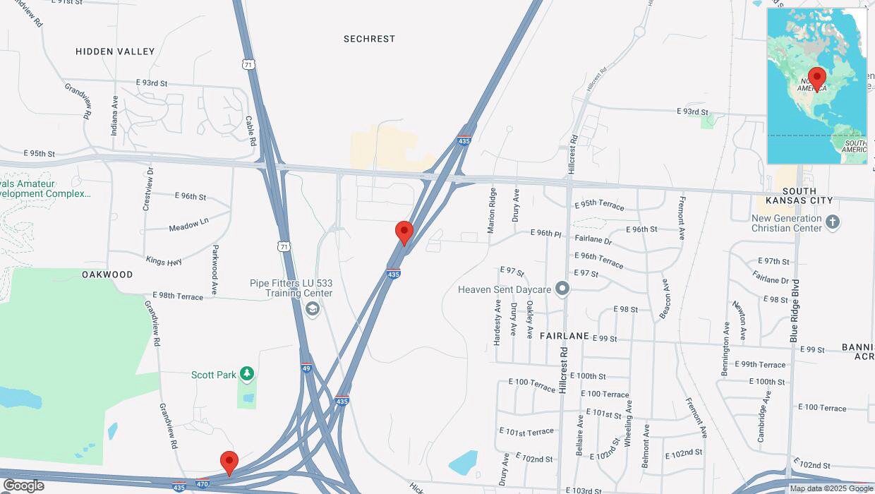 A detailed map that shows the affected road due to 'Heavy snowfall on southbound I-435 in Kansas City' on February 18th at 6:45 p.m.