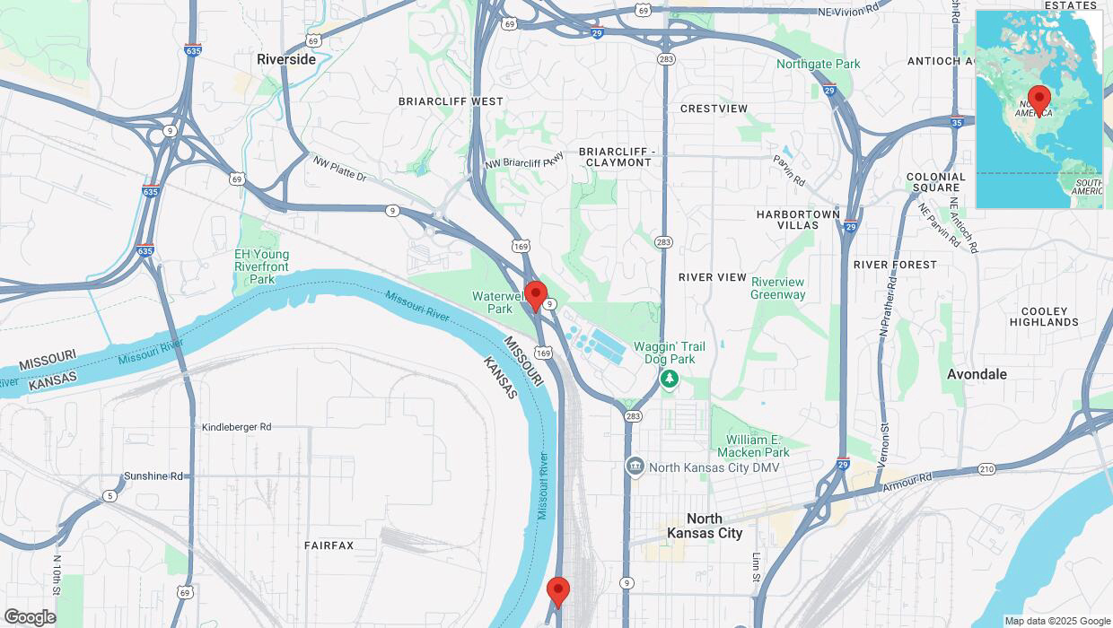 A detailed map that shows the affected road due to 'Heavy snowfall on southbound US-169 in Kansas City' on February 18th at 6:45 p.m.