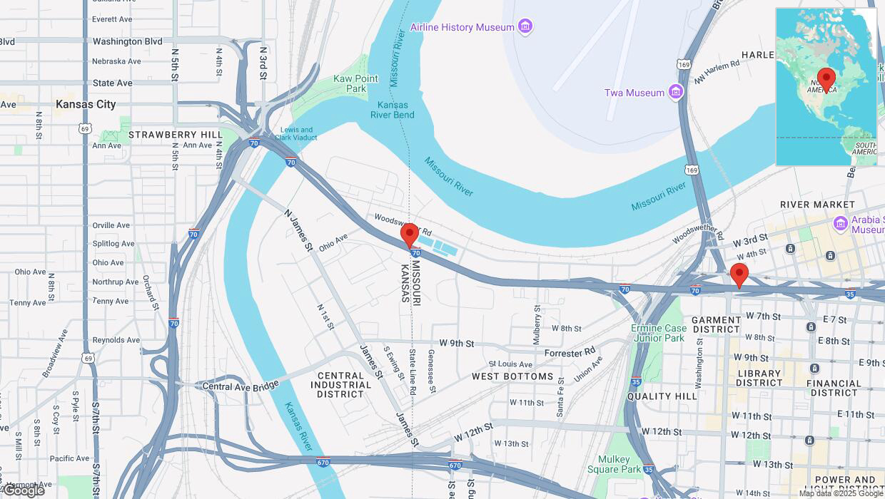 A detailed map that shows the affected road due to 'Heavy snowfall on eastbound I-70 in Kansas City' on February 18th at 6:51 p.m.