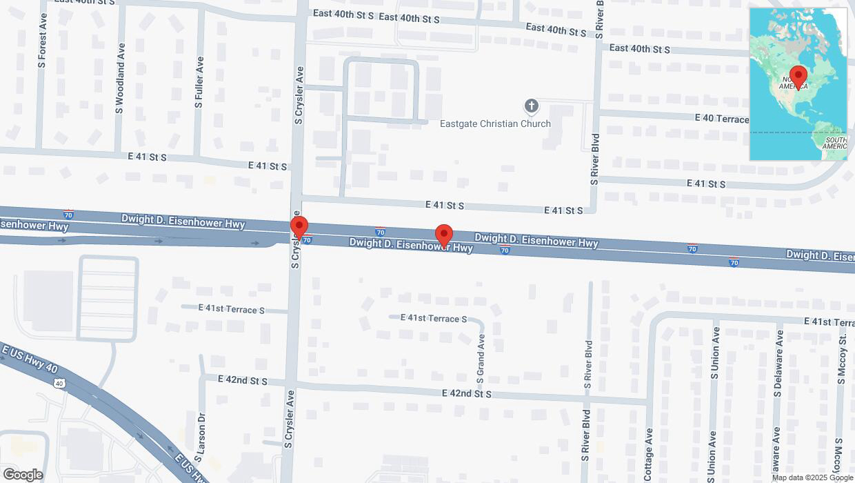 A detailed map that shows the affected road due to 'Broken down vehicle on eastbound I-70 in Independence' on February 18th at 11:23 p.m.