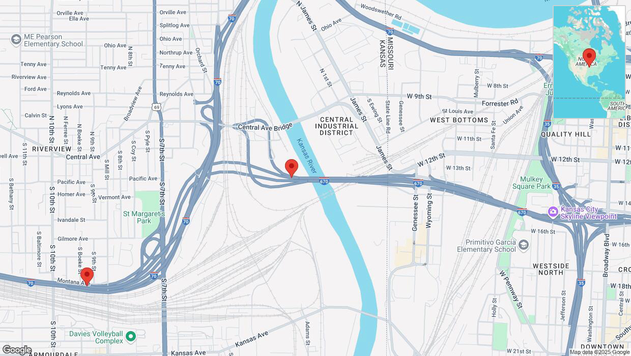 A detailed map that shows the affected road due to 'Heavy snowfall on westbound I-670 in Kansas City' on February 18th at 6:51 p.m.
