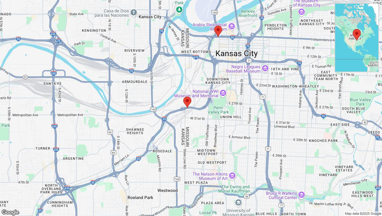 A detailed map that shows the affected road due to 'Heavy snowfall on northbound I-35 in Kansas City' on February 18th at 6:51 p.m.