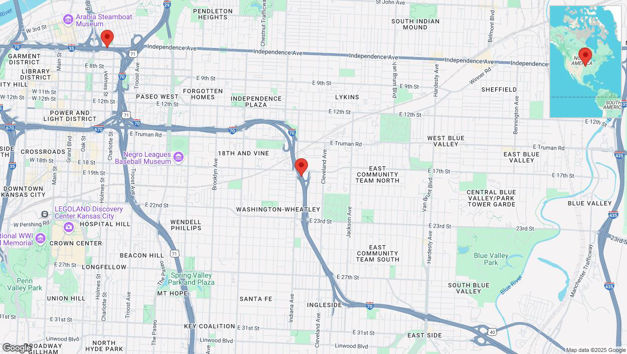 A detailed map that shows the affected road due to 'Heavy snowfall on northbound I-70 in Kansas City' on February 18th at 8:14 p.m.