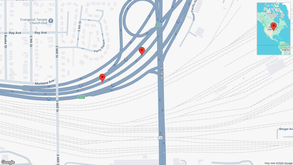 A detailed map that shows the affected road due to 'Broken down vehicle on eastbound I-670 in Kansas City' on February 18th at 8:26 p.m.