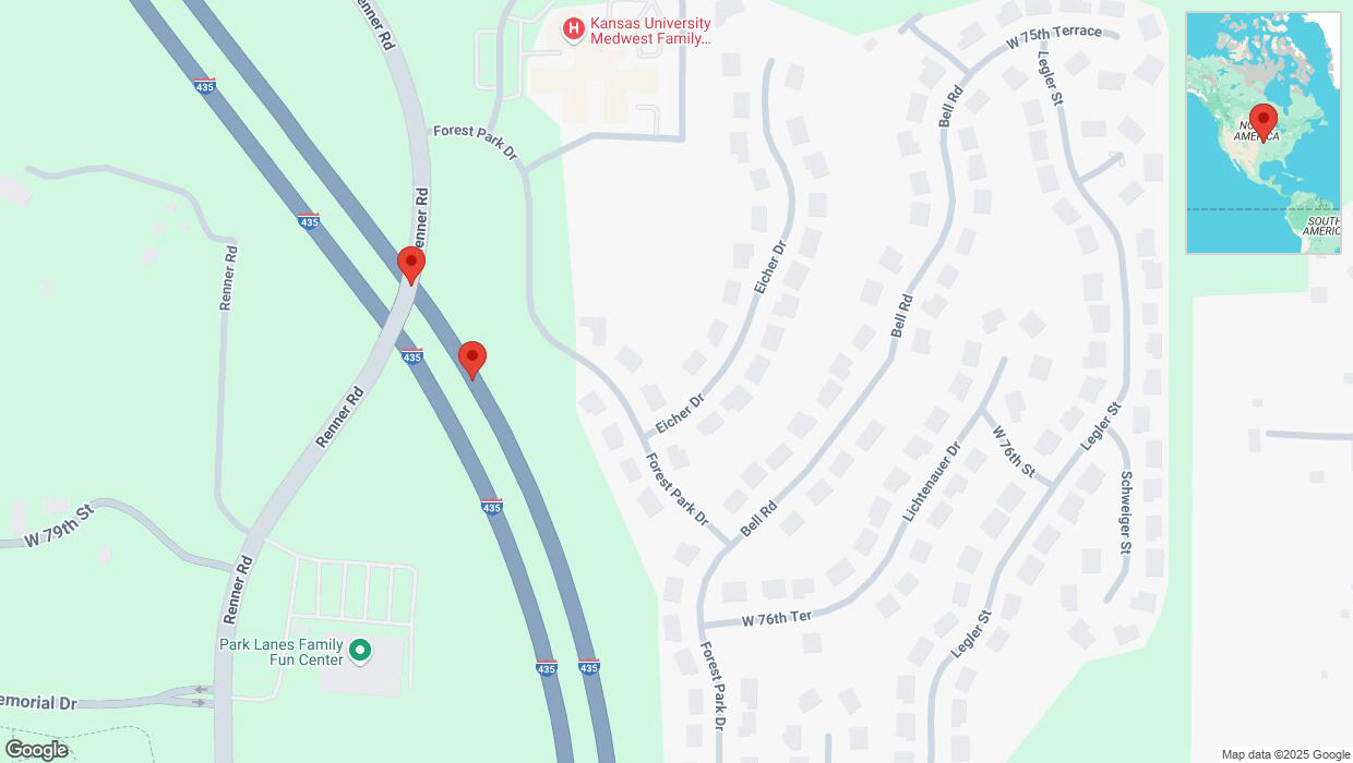 A detailed map that shows the affected road due to 'Crash reported on northbound I-435 in Shawnee' on February 18th at 7:03 p.m.