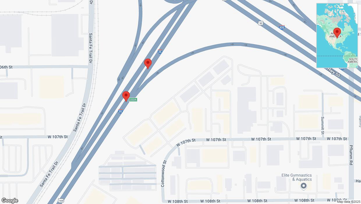 A detailed map that shows the affected road due to 'Broken down vehicle on eastbound I-35 in Lenexa' on February 18th at 8:08 p.m.