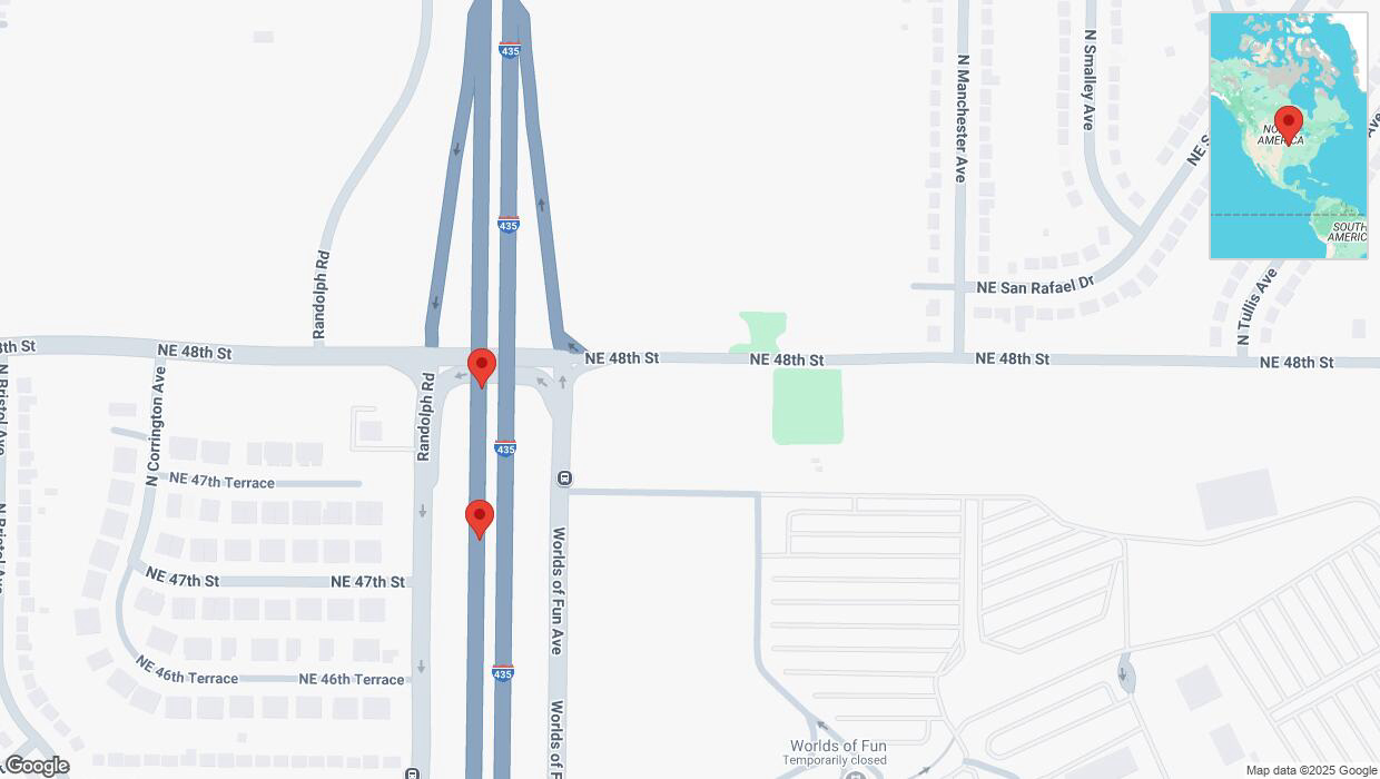 A detailed map that shows the affected road due to 'Broken down vehicle on southbound I-435 in Kansas City' on February 18th at 7:33 p.m.