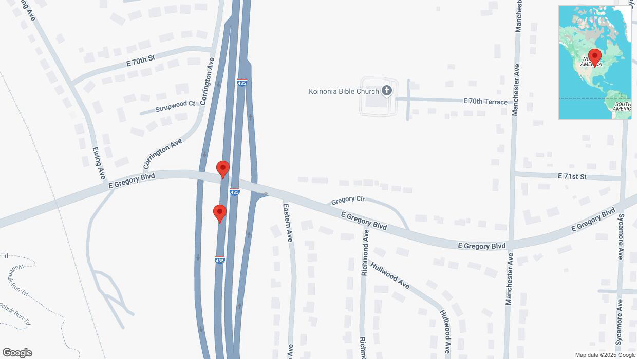 A detailed map that shows the affected road due to 'Reports of a crash on southbound I-435' on February 18th at 7:39 p.m.
