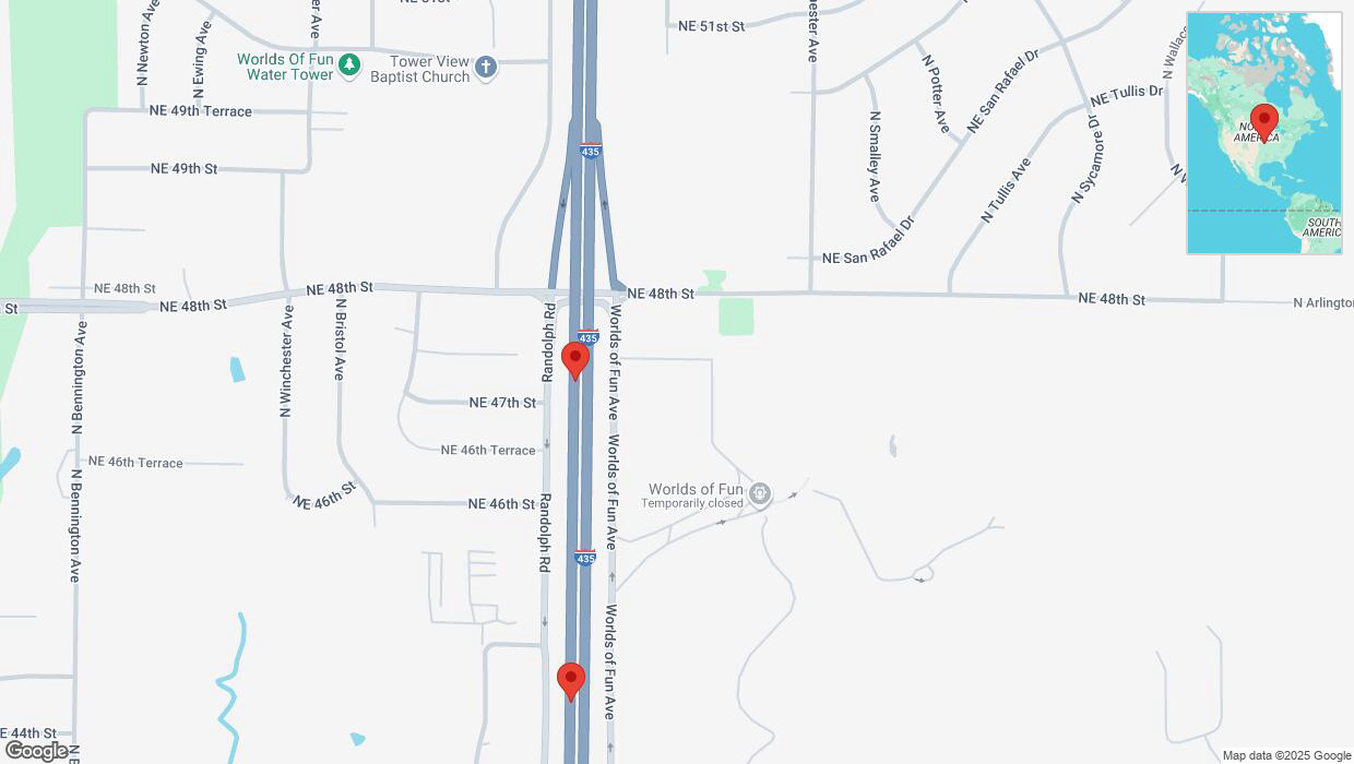 A detailed map that shows the affected road due to 'Broken down vehicle on southbound I-435 in Kansas City' on February 18th at 7:39 p.m.