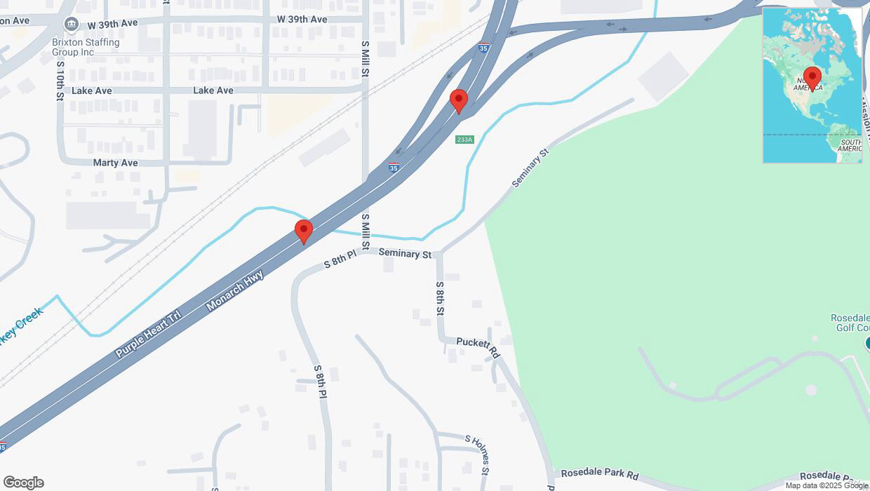 A detailed map that shows the affected road due to 'Right lane on I-35 closed in Kansas City' on February 18th at 7:50 p.m.