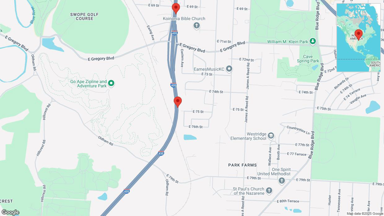 A detailed map that shows the affected road due to 'Heavy snowfall on northbound I-435 in Kansas City' on February 18th at 7:50 p.m.