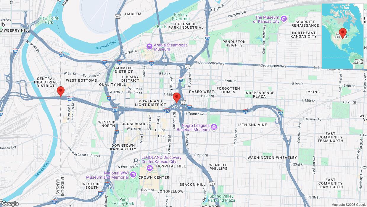 A detailed map that shows the affected road due to 'Heavy snowfall on westbound I-670 in Kansas City' on February 18th at 8:02 p.m.