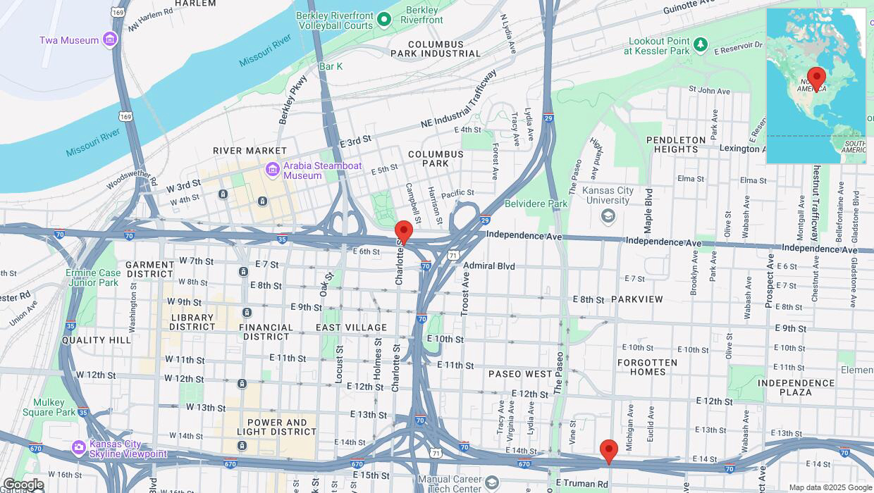 A detailed map that shows the affected road due to 'Heavy snowfall on eastbound I-70 in Kansas City' on February 18th at 8:02 p.m.