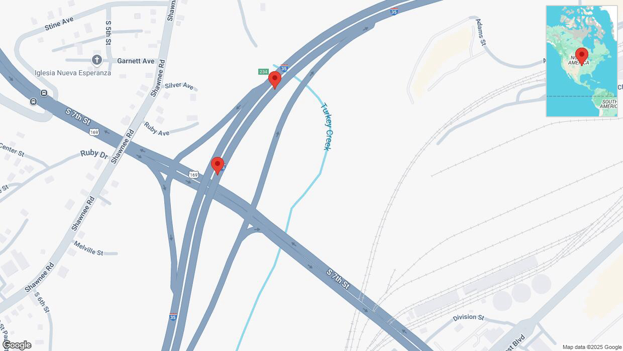 A detailed map that shows the affected road due to 'Warning: Crash on northbound I-35 in Kansas City' on February 18th at 8:08 p.m.