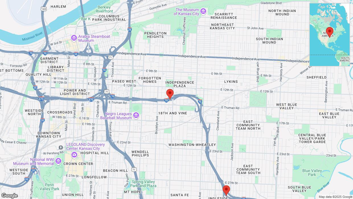 A detailed map that shows the affected road due to 'Heavy snowfall on eastbound I-70 in Independence' on February 18th at 8:08 p.m.
