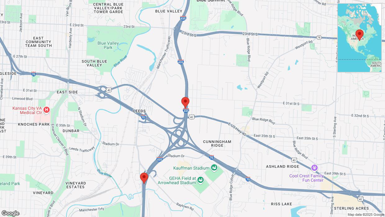 A detailed map that shows the affected road due to 'Heavy snowfall on southbound I-435 in Kansas City' on February 18th at 8:14 p.m.