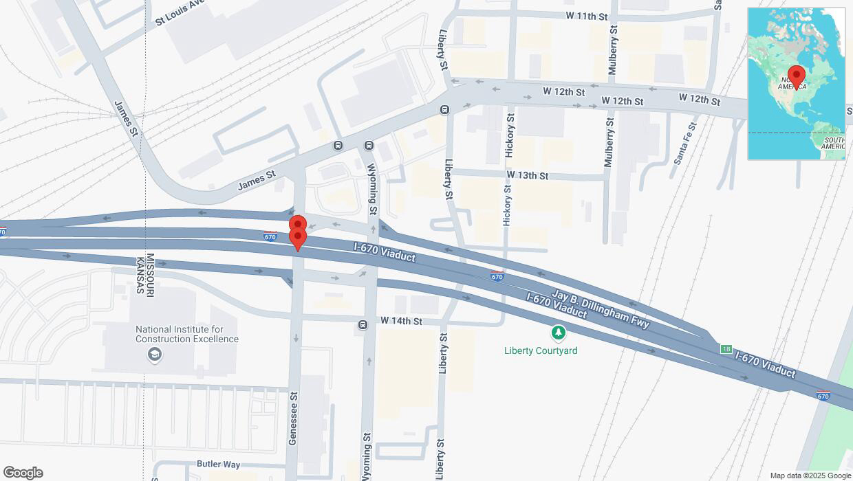 A detailed map that shows the affected road due to 'Broken down vehicle on Genessee Street in Kansas City' on February 18th at 8:20 p.m.