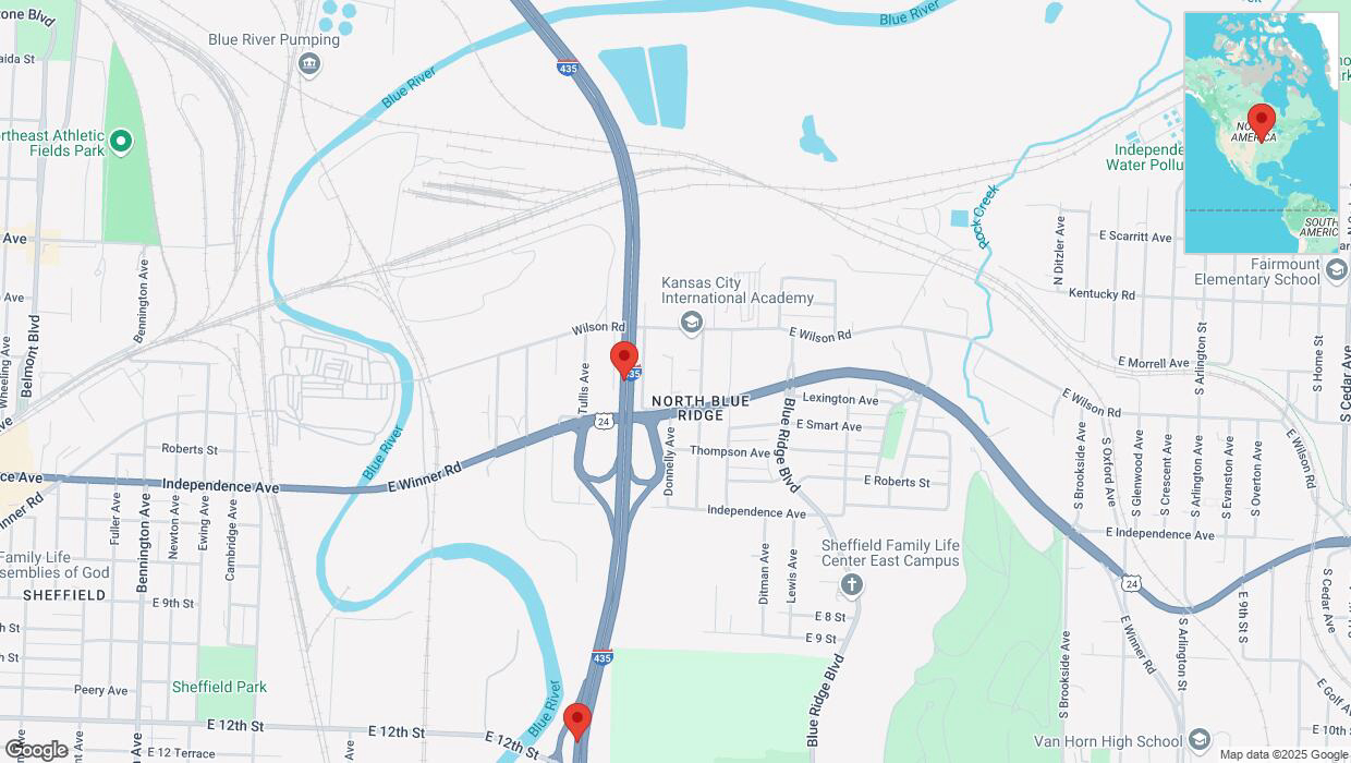 A detailed map that shows the affected road due to 'Warning in Kansas City: Crash reported on southbound I-435' on February 18th at 8:38 p.m.