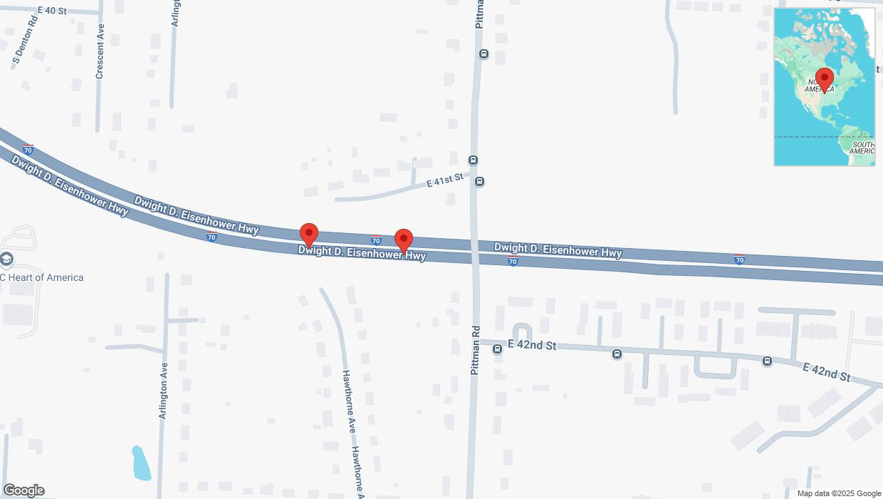 A detailed map that shows the affected road due to 'Broken down vehicle on eastbound I-70 in Kansas City' on February 18th at 9:02 p.m.