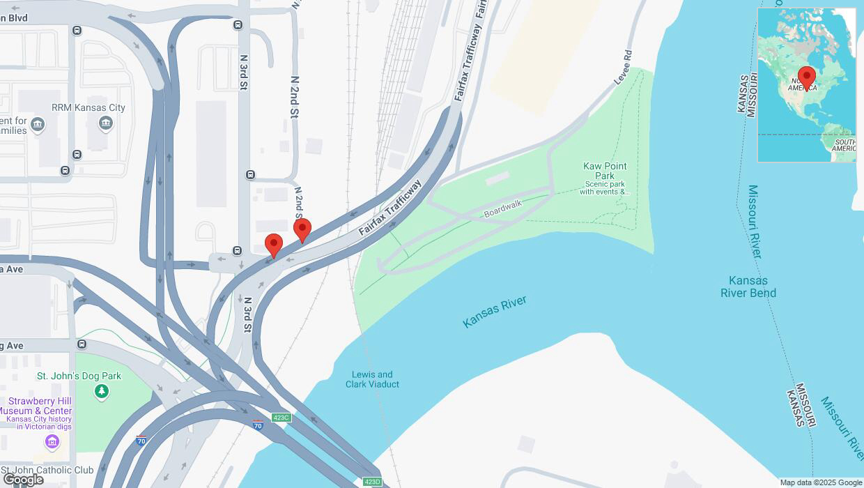 A detailed map that shows the affected road due to 'Broken down vehicle on North 2nd Street in Kansas City' on February 18th at 9:36 p.m.