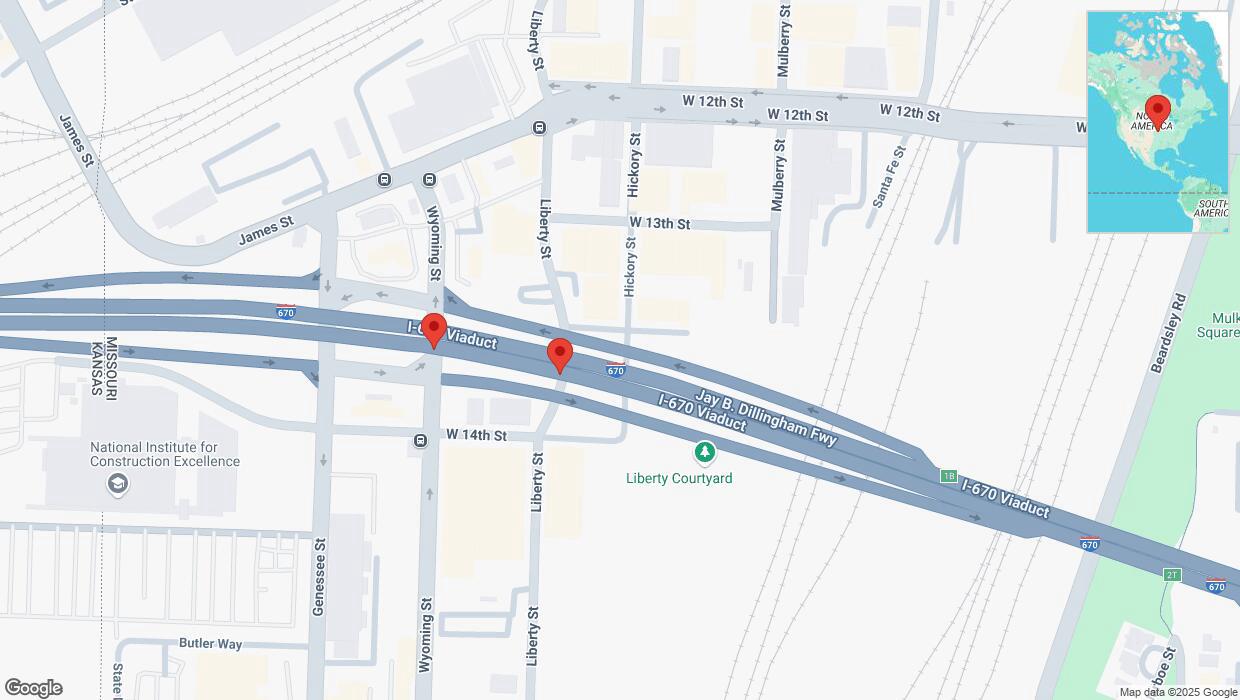 A detailed map that shows the affected road due to 'Warning in Kansas City: Crash reported on eastbound I-670' on February 18th at 9:19 p.m.