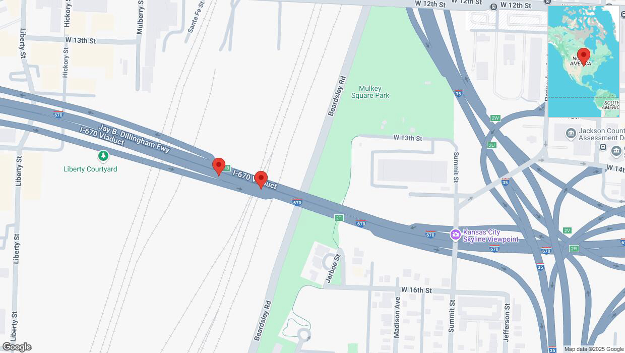 A detailed map that shows the affected road due to 'Broken down vehicle on eastbound I-670 in Kansas City' on February 18th at 9:42 p.m.