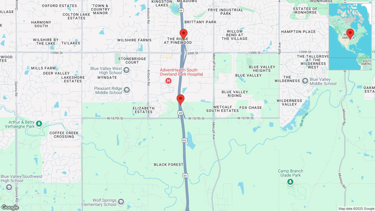 A detailed map that shows the affected road due to 'Lane on US-69 closed in Overland Park' on February 18th at 9:48 p.m.