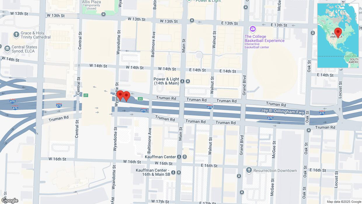 A detailed map that shows the affected road due to 'Broken down vehicle on westbound I-670 in Kansas City' on February 18th at 10:06 p.m.