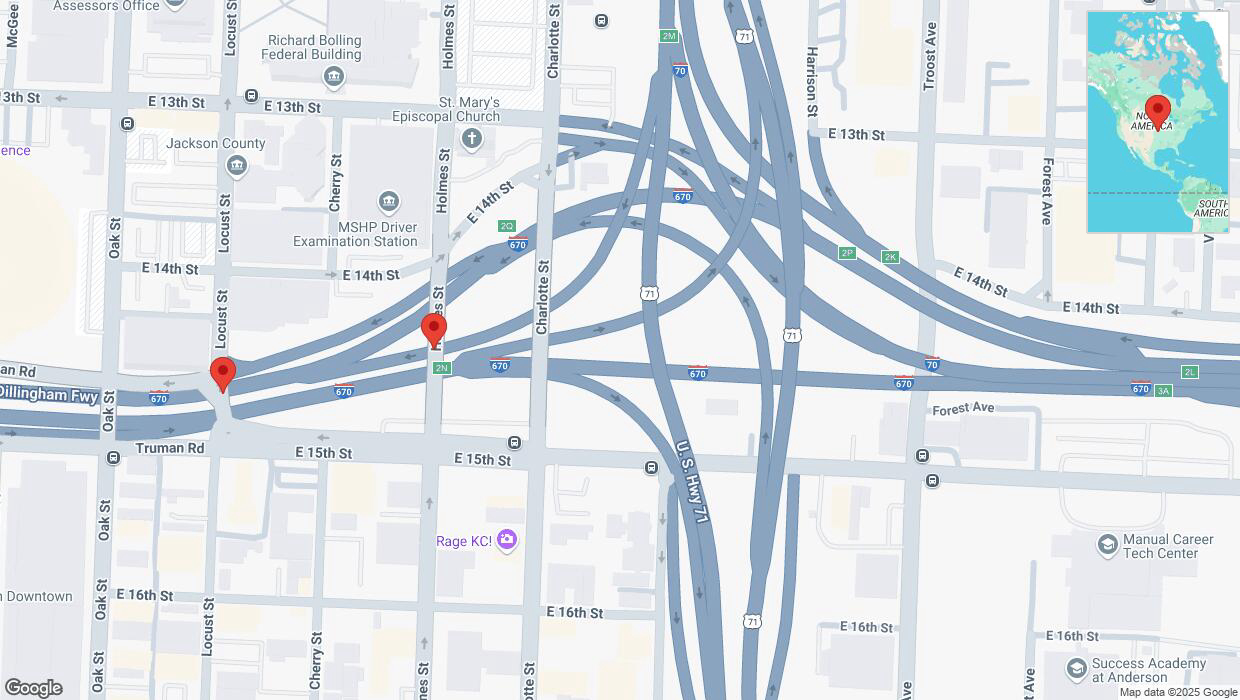 A detailed map that shows the affected road due to 'Broken down vehicle on East 14th Street in Kansas City' on February 18th at 10:35 p.m.