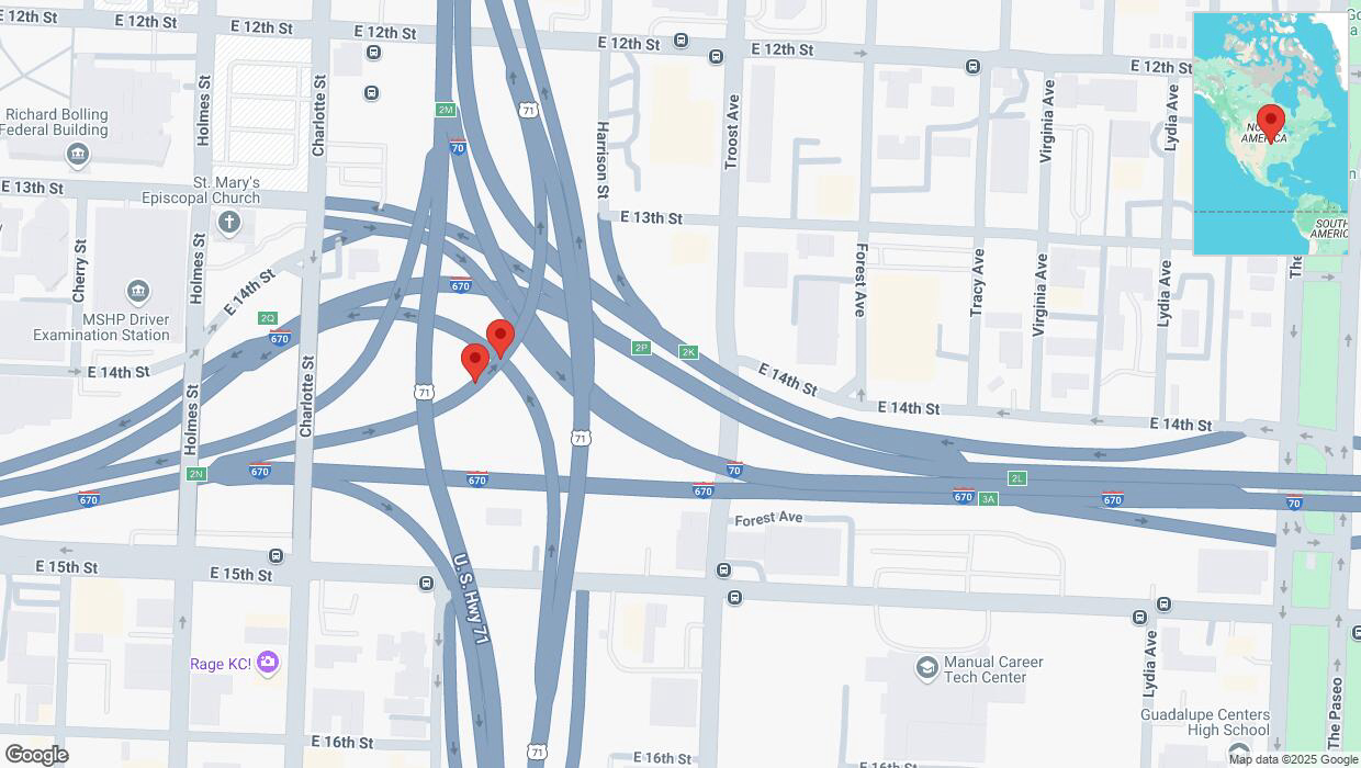 A detailed map that shows the affected road due to 'Broken down vehicle on the U. S. Highway 71 in Kansas City' on February 18th at 10:42 p.m.