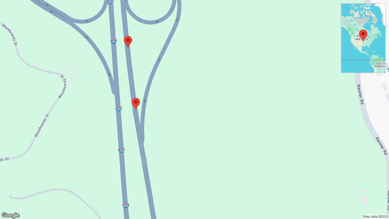 A detailed map that shows the affected road due to 'Broken down vehicle on northbound I-435 in Shawnee' on February 18th at 11:46 p.m.