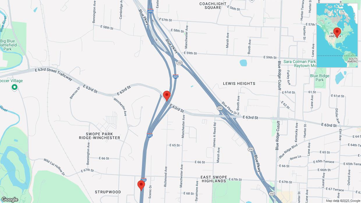 A detailed map that shows the affected road due to 'Warning in Kansas City: Crash reported on southbound I-435' on February 18th at 11:46 p.m.