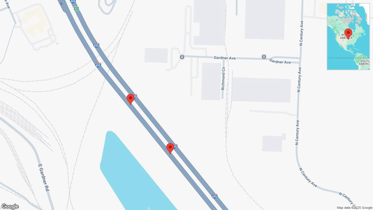 A detailed map that shows the affected road due to 'Broken down vehicle on southbound I-435 in Kansas City' on February 19th at 1:28 p.m.