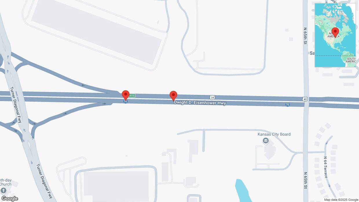 A detailed map that shows the affected road due to 'Broken down vehicle on eastbound I-70 in Kansas City' on February 19th at 12:22 p.m.