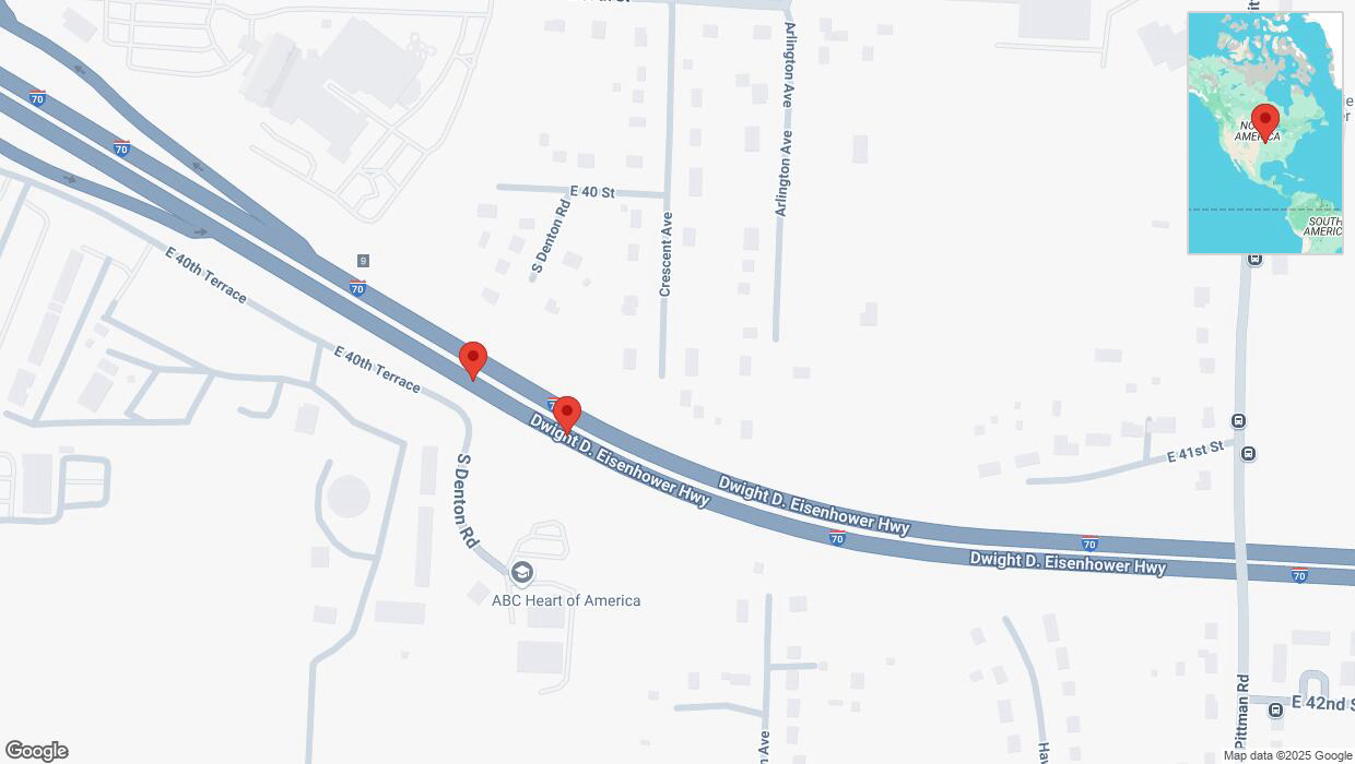 A detailed map that shows the affected road due to 'Broken down vehicle on eastbound I-70 in Kansas City' on February 19th at 12:10 p.m.