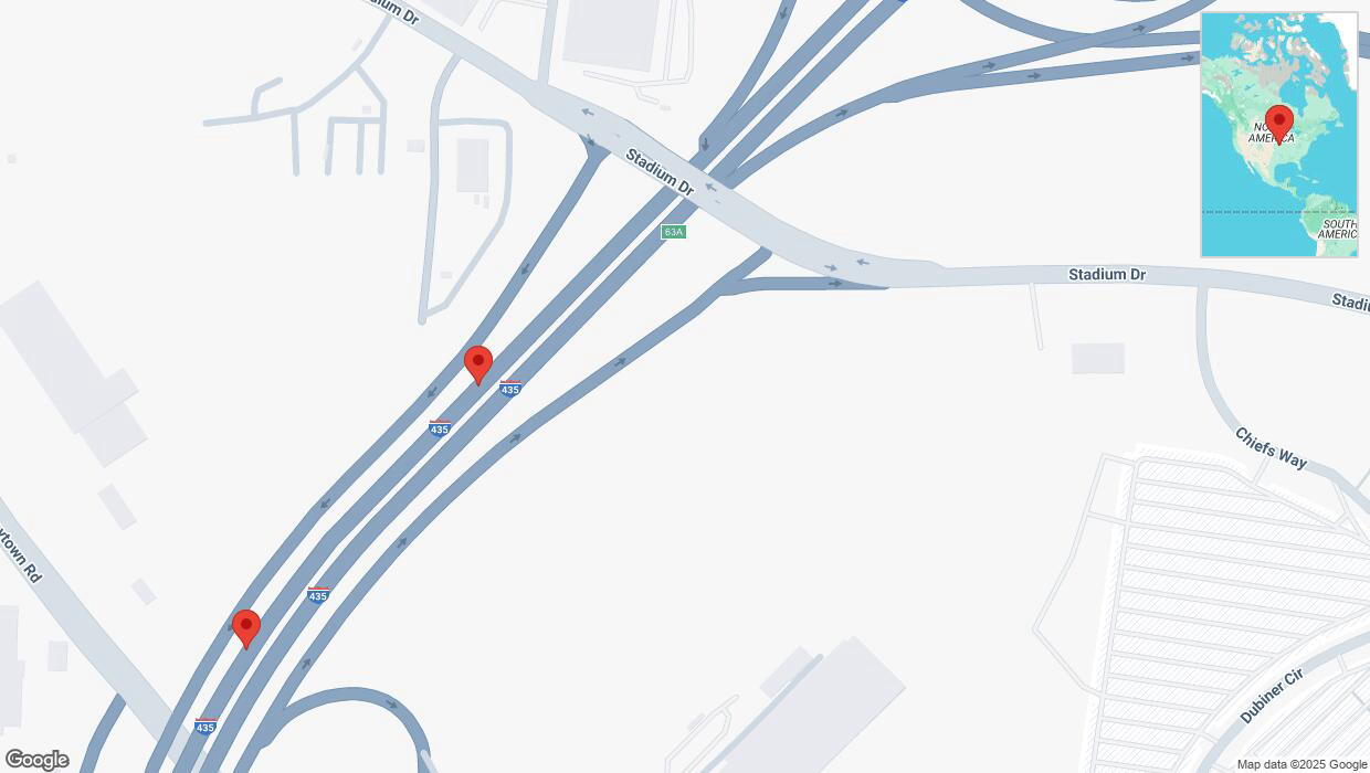 A detailed map that shows the affected road due to 'Broken down vehicle on southbound I-435 in Kansas City' on February 19th at 1:16 p.m.