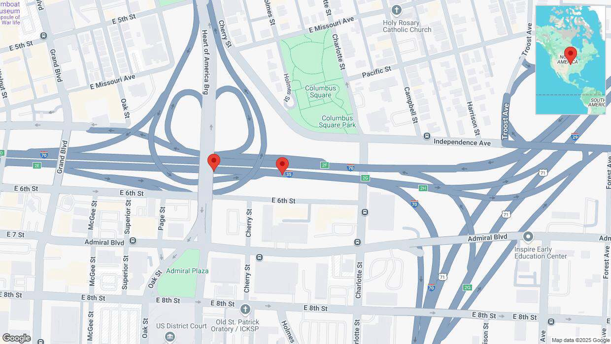 A detailed map that shows the affected road due to 'Broken down vehicle on eastbound I-70/I-35 in Kansas City' on February 19th at 9:26 p.m.