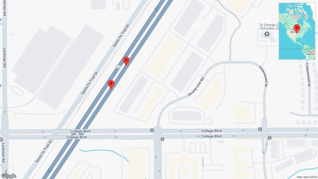 A detailed map that shows the affected road due to 'Broken down vehicle on eastbound I-35 in Lenexa' on February 19th at 2:22 p.m.