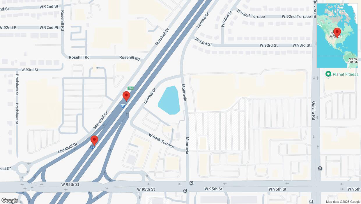 A detailed map that shows the affected road due to 'Broken down vehicle on westbound I-35 in Lenexa' on February 19th at 2:03 p.m.