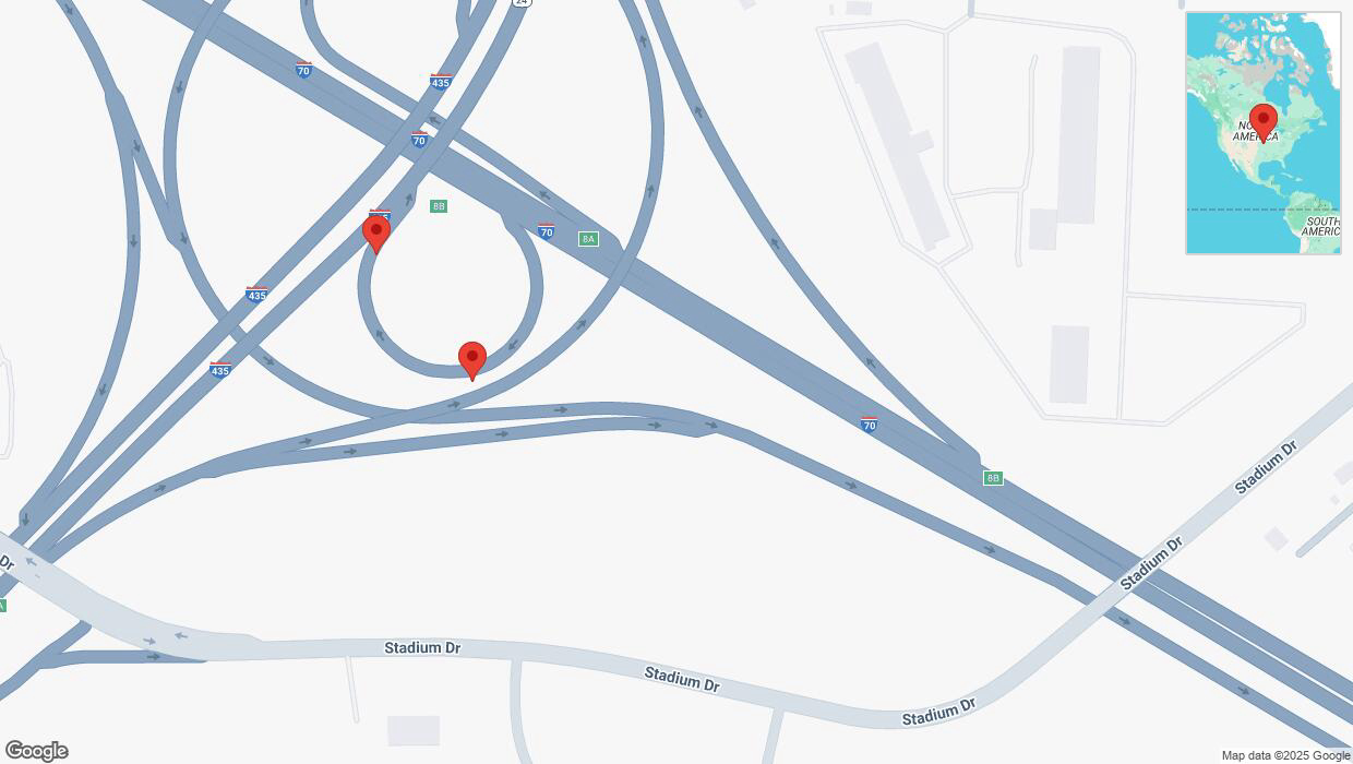 A detailed map that shows the affected road due to 'Crash reported on the George Brett Super Highway in Kansas City' on February 19th at 3:51 p.m.