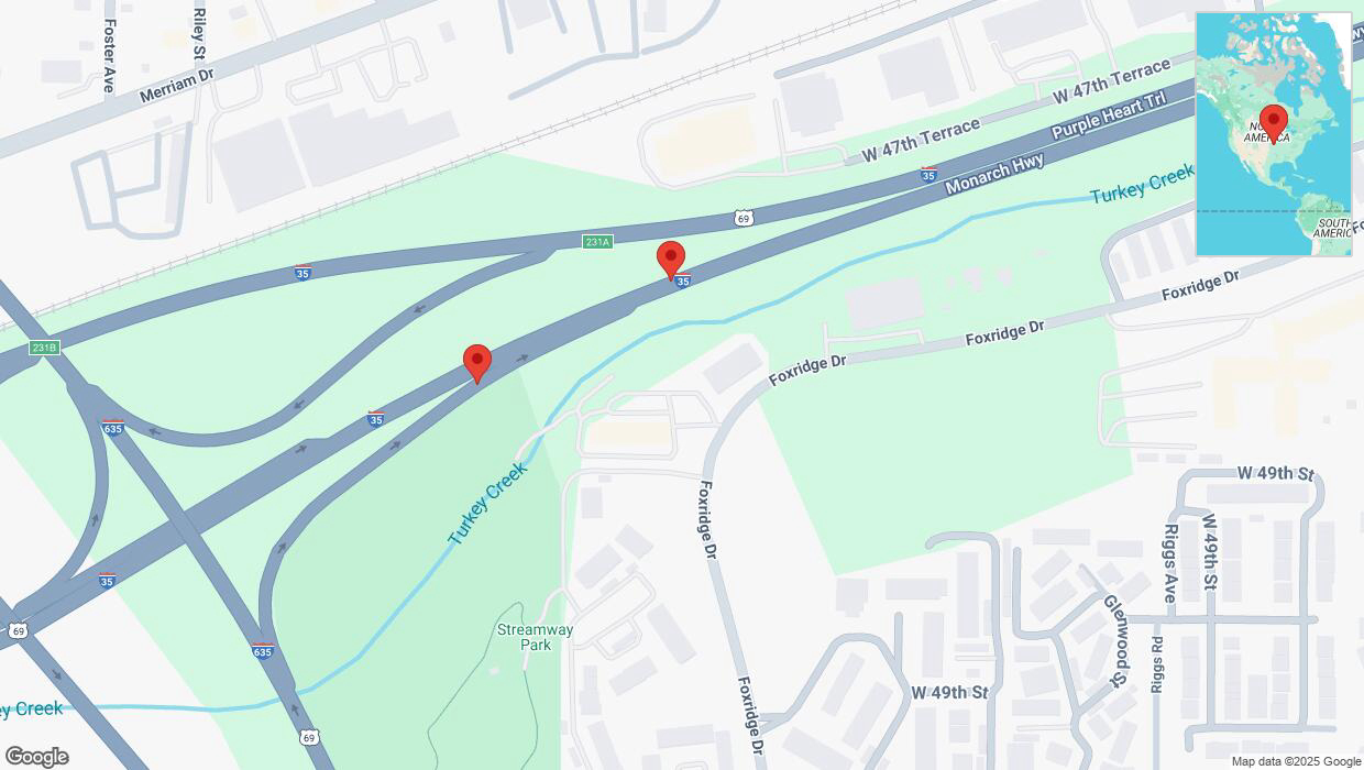 A detailed map that shows the affected road due to 'Broken down vehicle on northbound US-69 North in Mission' on February 19th at 2:40 p.m.