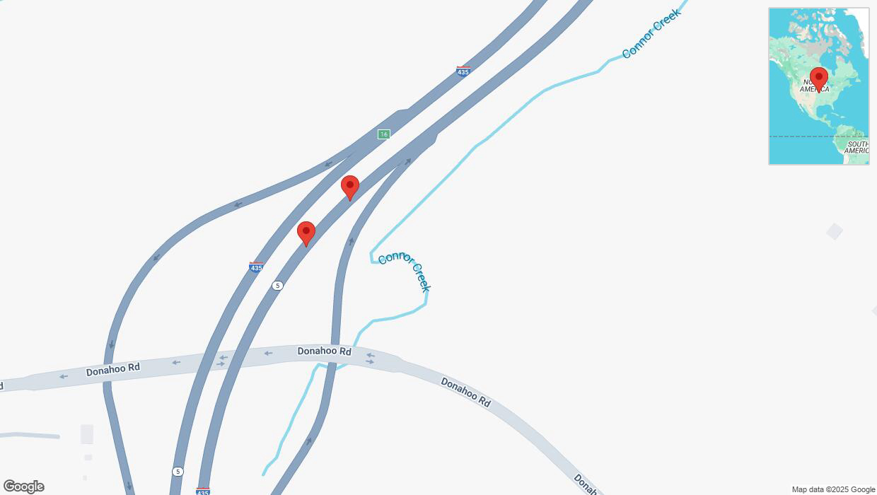 A detailed map that shows the affected road due to 'A crash has been reported on northbound I-435' on February 19th at 3:10 p.m.