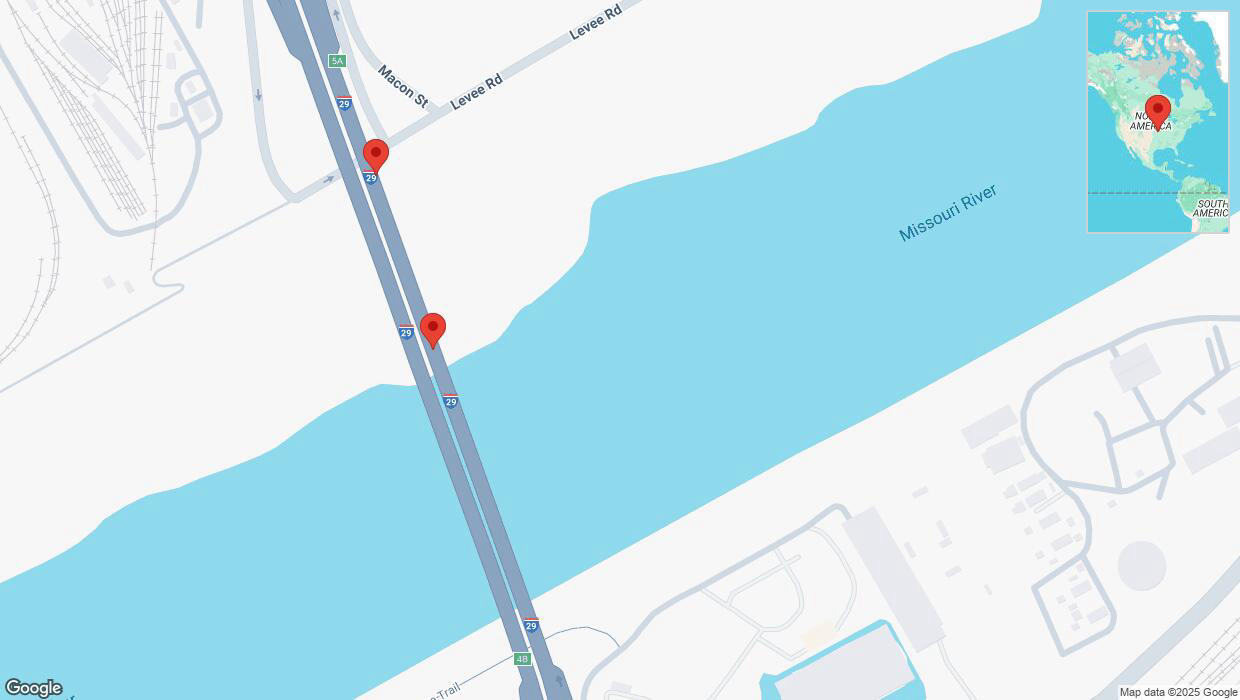 A detailed map that shows the affected road due to 'Broken down vehicle on northbound I-29/I-35 in Kansas City' on February 19th at 3:16 p.m.